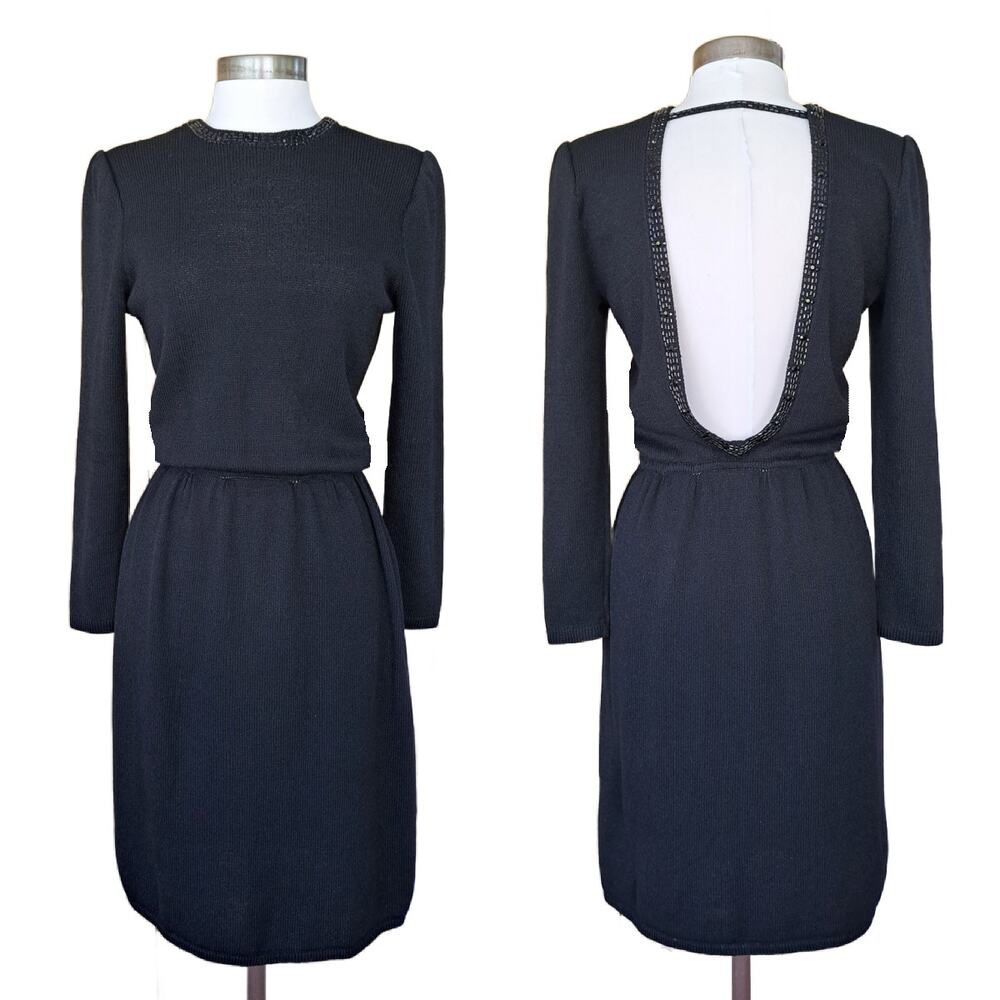 ST.  JOHN Black Santana Knit Embellished Backless Cocktail Dress Long Sleeve